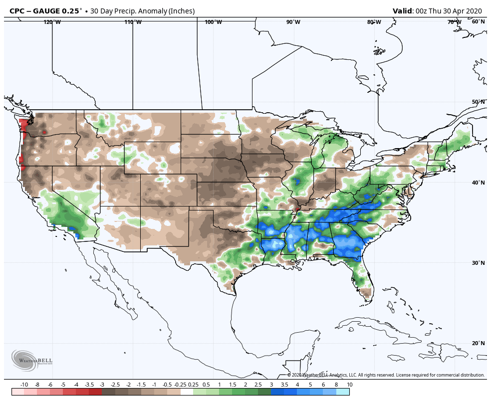 BeauDodson's tweet photo. #tristatewx #weather #impressive #cool #wxtwitter #weatherbell May 1, 2020.  I have concerns about the dry weather across much of the corn-belt.  Something to monitor moving forward. Here are the 30-day anomaly maps and precip totals. WeatherBell maps. https://t.co/nKCD9pzkjo