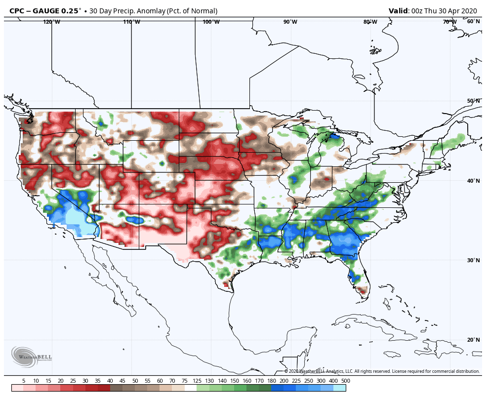BeauDodson's tweet photo. #tristatewx #weather #impressive #cool #wxtwitter #weatherbell May 1, 2020.  I have concerns about the dry weather across much of the corn-belt.  Something to monitor moving forward. Here are the 30-day anomaly maps and precip totals. WeatherBell maps. https://t.co/nKCD9pzkjo