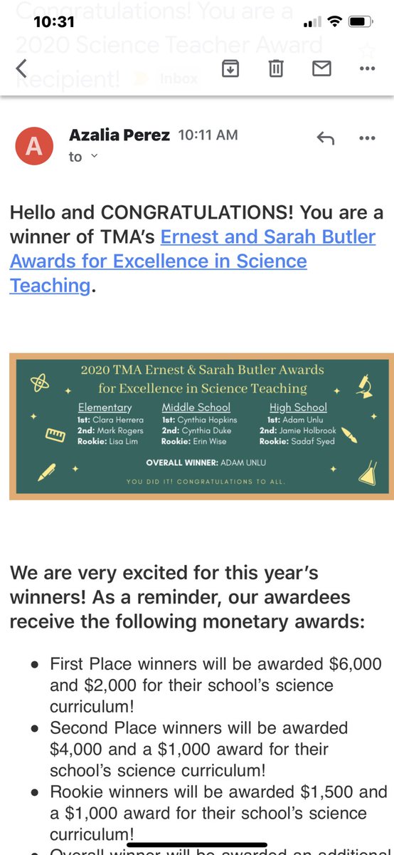DukeScience's tweet photo. I feel the need to toot my own horn here: I was just announced the 2nd place award winner for Middle School Excellence in Science Teaching!!! https://t.co/k3Lha2pXxM