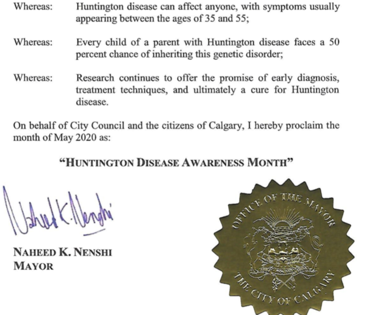 CureHDCalgary's tweet photo. Thank you Mayor Nenshi for proclaiming May Huntington Disease Awareness Month in Calgary! @nenshi4mayor https://t.co/WkLCbr5qRn