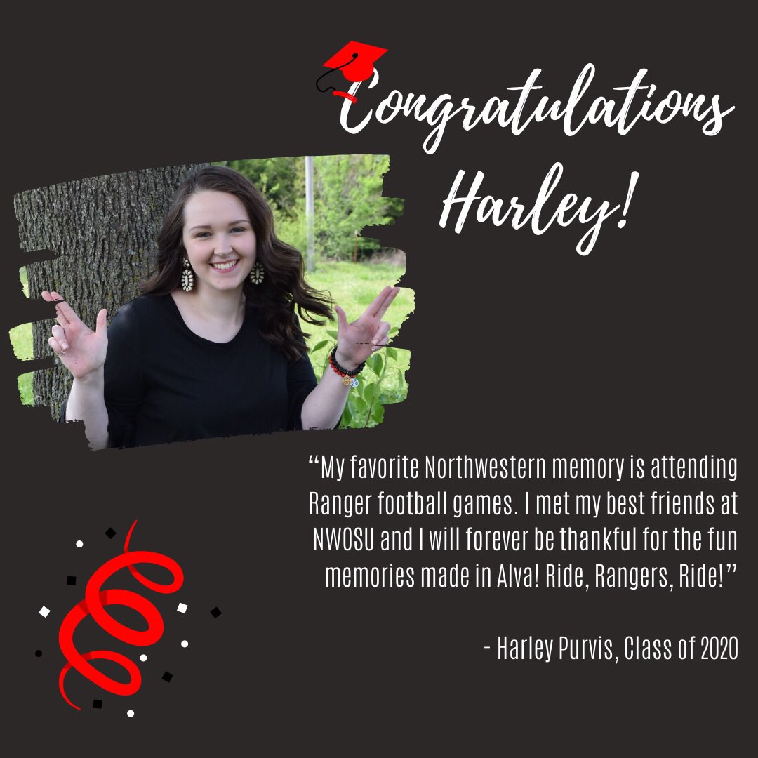 NWOSUSGA's tweet photo. Today’s #ClassOf2020 Senior Spotlight is Harley Purvis (@purvis_harley)! We are so glad you chose to be a Ranger!
If you are a graduating senior and want to be featured, send your photo and your favorite NWOSU memory to oayandel@nwosu.edu https://t.co/jIwHfmdpIA