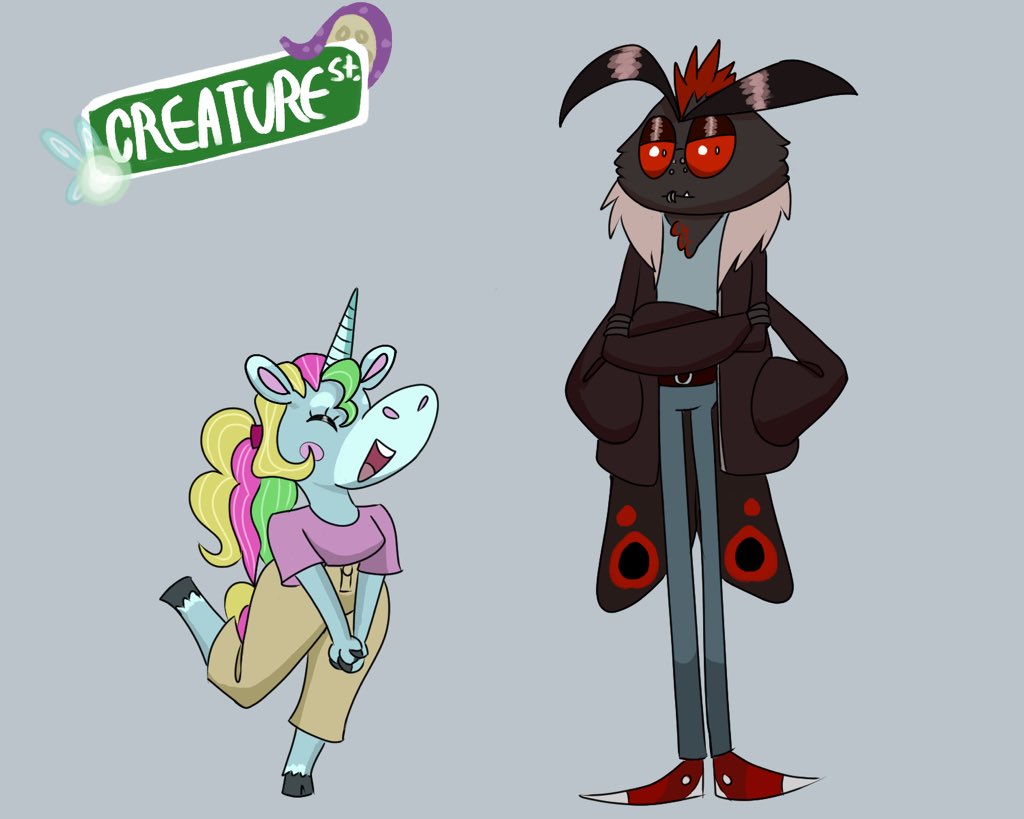 ChayceThe's tweet photo. I designed characters based off of me and my best bro @ShotgunHell
Meet Prism! A coffee house owner, and Tyrant, a rocker/child of a gang leader. My idea is to make a webcomic about these guys. #webcomic #cartoon #characterdesign #unicorn #cryptids #mothman #monster #creaturest https://t.co/4f646SnXMS