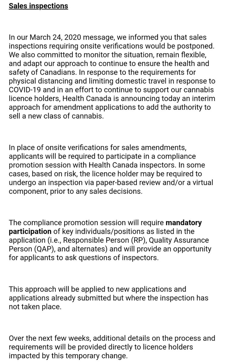 Sales Amendments UPDATE - HC moving forward by requiring applicants to participate in a mandatory #compliance #promotion session with inspectors. Possible paper-based review and/or virtual component required. In effect at least until June 30th. Need to get ready? DM us👌