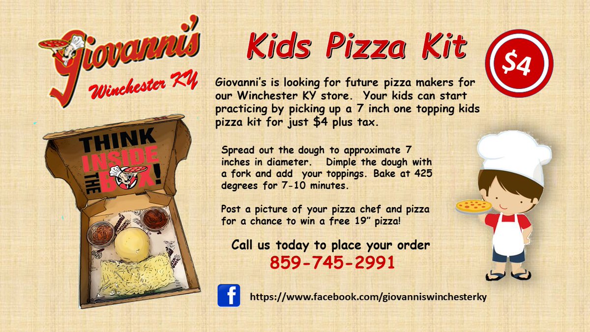 Tour_Win's tweet photo. This week's restaurant spotlight is Giovanni's of Winchester. Not only do they offer delicious made to order pizzas, but they are also offering Pizza Kits to take home so you can enjoy building your own pizza creations as a family! 
#HealthyAtHome #TeamKentucky #TogetherKY https://t.co/hK5n8nxd59