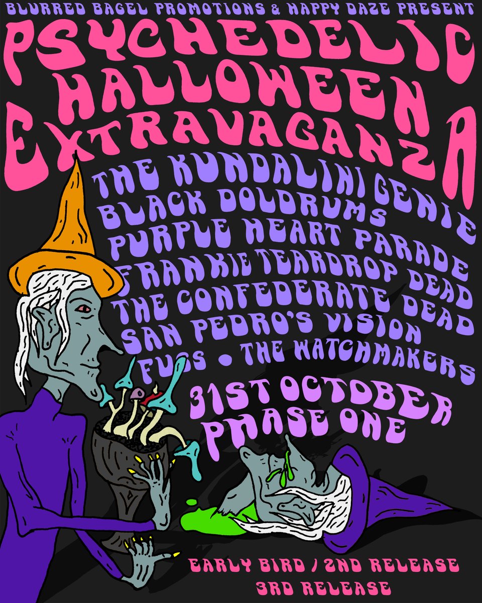 We've been keeping this quiet for a while with Blurred Bagel so I think it's about time we tell you all...

Psychedelic Halloween Extravaganza at @phaseonelpool on Saturday 31 October.

Tickets go on sale Wednesday 6 May at 9am. First tier are only £10!