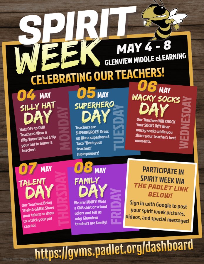glenview_middle's tweet image. ATTENTION, Jackets! We are thrilled to host a VIRTUAL SPIRIT WEEK in honor of Teacher Appreciation Week. Ts &amp;amp; Ss can join in on the fun by posting to the designated Padlet for each day! (Use your Google login!) gvms.padlet.org/dashboard #GMSbuzz #ThankaTeacher #A5eLearning