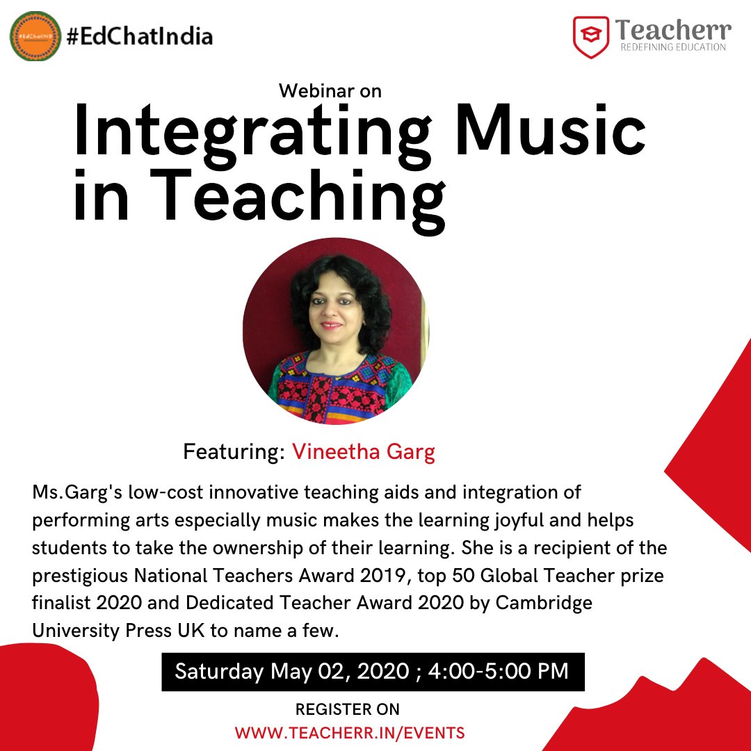 #EdChatIND (@edchatind) on Twitter photo #NoLockdown4Learning
Join <a href="/vineetagarg123/">Vineeta Garg</a> for a webinar as she share her expertise on "Integrating music in teaching"
Mark your calendars
📅 2 May 2020
⏲️ 4- 5 pm IST
Register here⬇️
Teacherr.in/events #NoLockdown4Learning
Join <a href="/vineetagarg123/">Vineeta Garg</a> for a webinar as she share her expertise on "Integrating music in teaching"
Mark your calendars
📅 2 May 2020
⏲️ 4- 5 pm IST
Register here⬇️
Teacherr.in/events