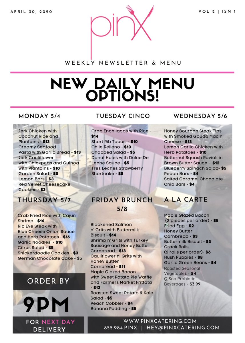PinxCatering's tweet photo. Our menu for next week features some of our all-time delicious favorites including crab fried rice with Cajun shrimp, blackened salmon n’ grits, jerk chicken with coconut rice and crab enchiladas! 

Place your order today via email, phone or our website. #pinxcatering https://t.co/Uyqrycst4W