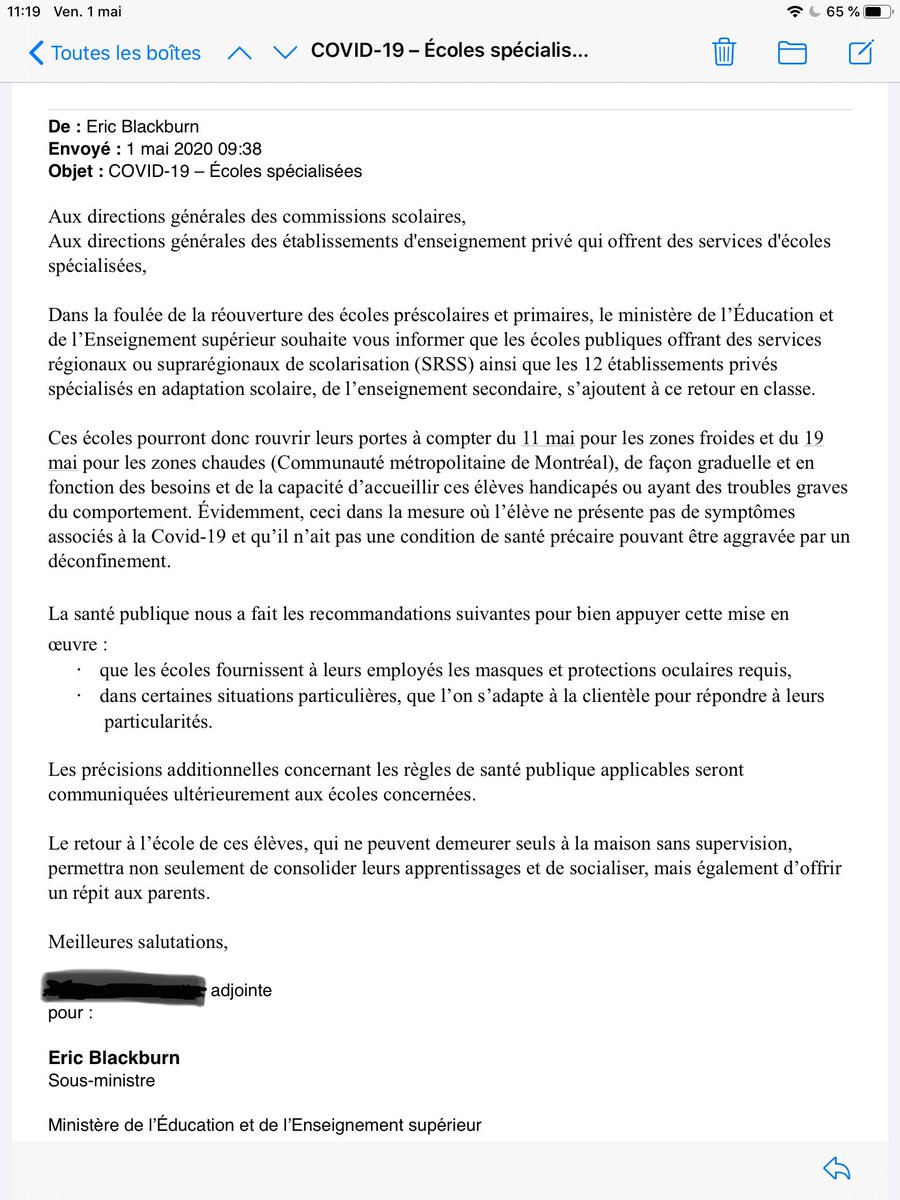 Quatre jours plus tard, on annonce la réouverture à venir des écoles spécialisées au secondaire, pour des élèves qui ont des besoins parfois très importants. Quatre jours à attendre, à patienter, et à ne rien préparer…

Quatre jours…

#covid19Qc #ehdaa 

facebook.com/679012006/post…