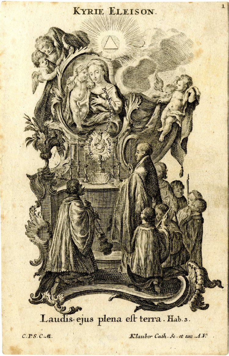 A prayer book of Litany of the Blessed Virgin Mary, with engravings by Johann Baptist Klauber, who ran a Catholic fine art publishing company in Augsburg, Germany in the 18th Century. Each sheet depicts an invocation of the Litany of Loreto, beginning with Kyrie eleison [Thread]