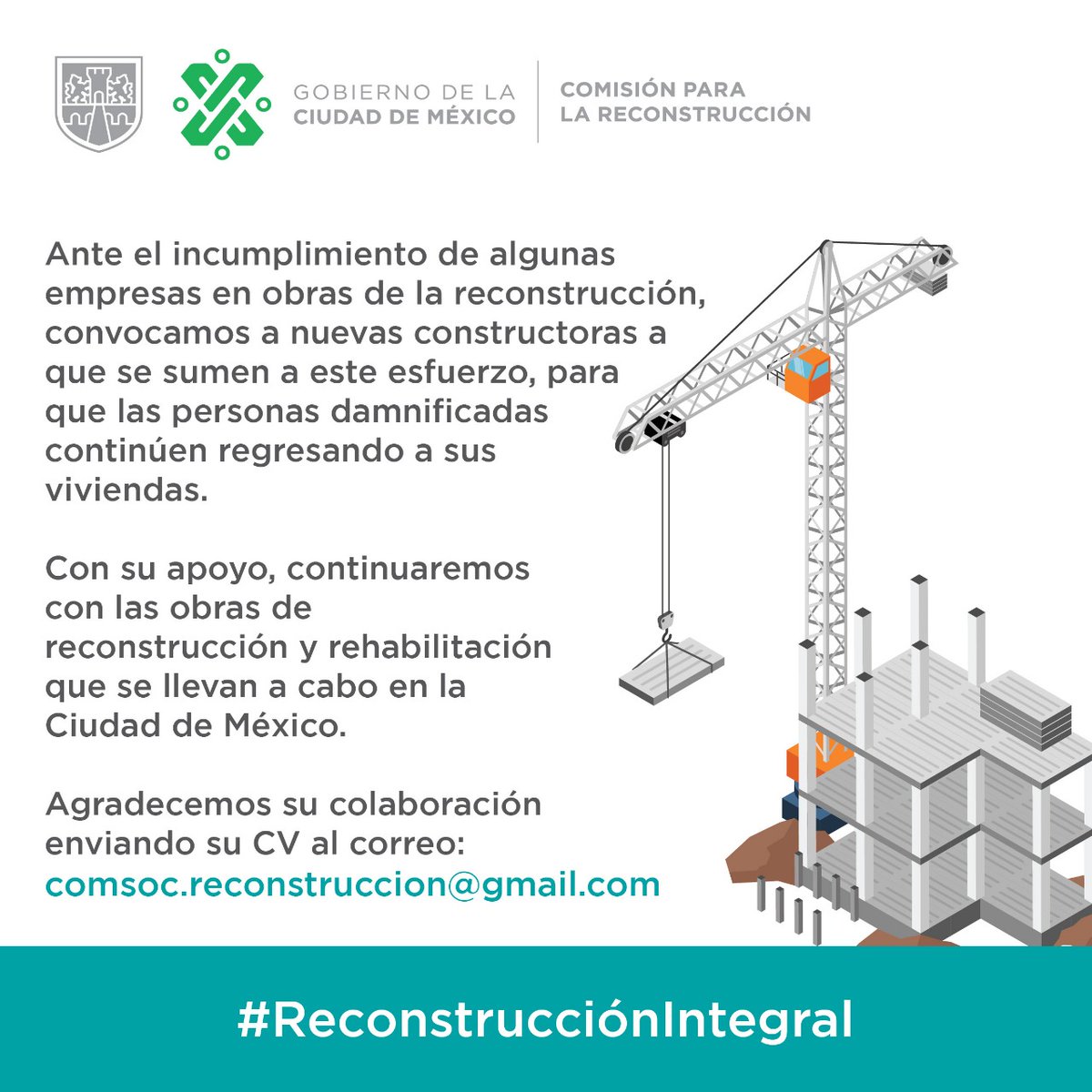 Ante el incumplimiento de algunas empresas en obras de la reconstrucción, convocamos a nuevas constructoras a que se sumen a este esfuerzo, para que las personas damnificadas continúen regresando a sus viviendas.