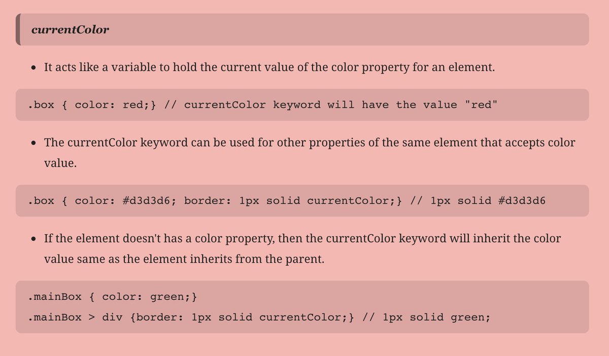 shortDevNotes's tweet image. Do you know there is a CSS keyword which by default holds the value of a color property for an element? Check here👇

#shortnotes #devnotes #cssnotes #CSS 

 🔗 codepen.io/soumya13/pen/q…