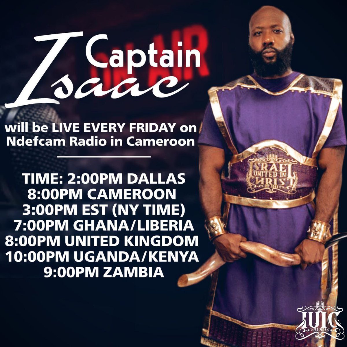 iuicdallas's tweet photo. Live from #Cameroon on the #Continent of #Africa comes #Captain Isaac! The show will be airing live on #Ndefcam #RadioSation today 5/1/2020 at 3:00pm EST & 2:00pm CST! Tune in!
https://t.co/Ixe8H4QJsX
https://t.co/K4QVm3P7br https://t.co/osvAuykLec