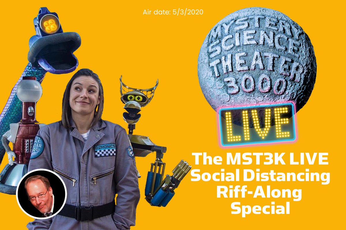 mst3kmotivation's tweet photo. Come be a part of #MST3K history at the #MST3KLive Social Distancing Riff-Along Special!
This #Sunday A.D., join Joel Robinson, Emily Crenshaw, Tom Servo, Crow T. Robot, GPC & MEGA Synthia for an online experience so unique, it could only be brought to you by @MST3K!
#StayHome https://t.co/foivwjLLnz