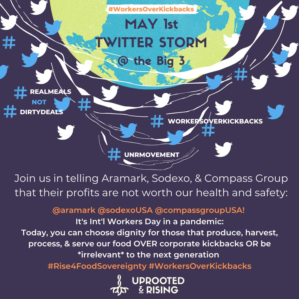 RevolutionRosen's tweet photo. Today (May 1) is the #WorkersOverKickbacks Twitter Storm @ the Big 3! We demand #RealMeals not #DirtyDeals. #Rise4FoodSovereignty #UNRMovement #MayDay #IntlWorkersDay #WorkersDay

[Alt text of attached image can be accessed via screen readers &amp; will be provided in Tweet replies.] https://t.co/o1KXyX2YtB