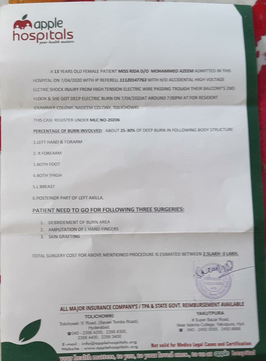 ntfeelo1's tweet photo. @KCRTRS Dear sir, 
Kindly need your support.
13 year girl and her mother both got electric shock from electric wire.
Attached is the hospital report
9160771243 https://t.co/MJItnfolHf