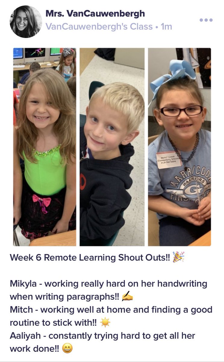 Mrs_VanC's tweet photo. Week 6 Remote Learning Shout Outs for Mrs. VanC’s First Grade Class!! 🥳 #warriorup @GoshenLocal https://t.co/wf7PyXBkhC
