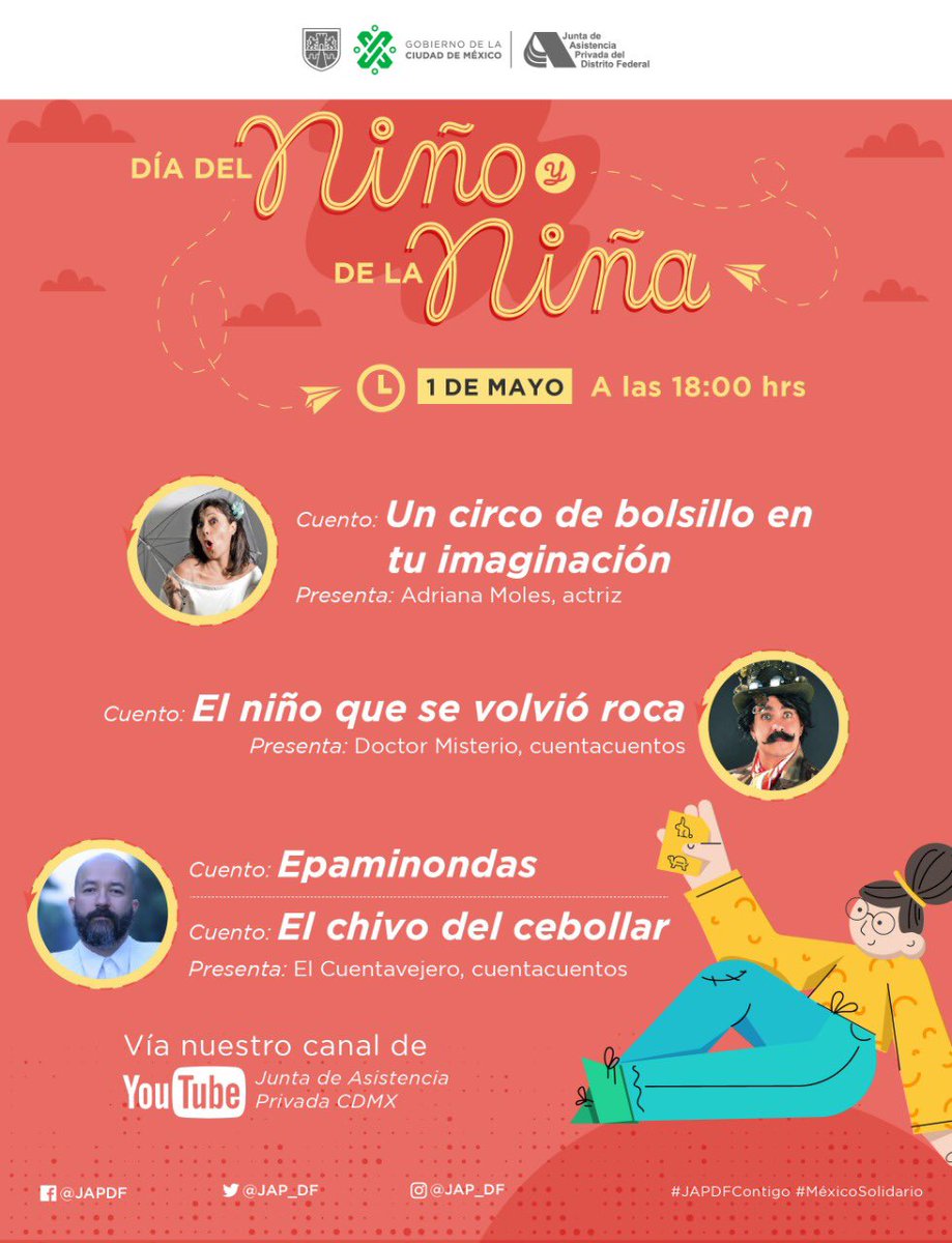 JAP_CDMX's tweet photo. Hoy cerramos nuestra celebración del #DíaDelNiñoYDeLaNiña con estos 4 cuentos. Nos acompañas?
Te esperamos en nuestro canal de #YouTube: Junta de Asistencia Privada CDMX
#JAPDFContigo #JAPDF #DíaDelNiño @Cuentavejero @Adrianamoles1 #DoctorMisterio https://t.co/DfdRLxt5M4