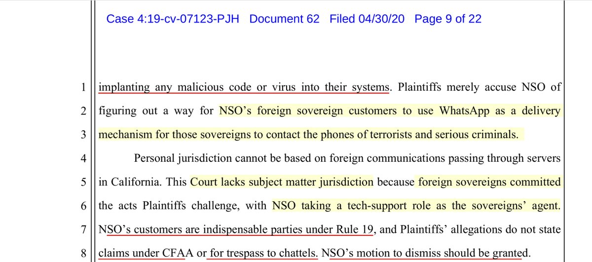 I could be wrong but my sense is NSO is laying a predicate for their “Foreign Government Clients” pursuant to;Foreign Sovereign Immunities Act (FSIA) 28 USC §§ 1330, 1332, 1391(f), 1441(d), & 1602–1611This is likely undergirding their “court doesn’t have jurisdiction” argument