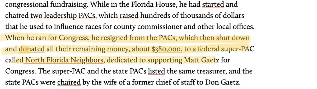 How does the human equivalent of stagnant bong water find himself in charge of human lives, you ask? Corruption, dummy!He ran 2 PACs which essentially merged into a ~new~ Super PAC to support his run for Congress.(Super PACs are the worst amirite?) https://www.motherjones.com/politics/2019/07/how-matt-gaetz-used-daddys-money-to-become-trumps-favorite-congressman/