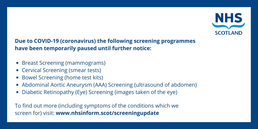 Due to COVID-19 (coronavirus) a number of screening programmes have been temporarily paused. For more information visit nhsinform.scot/screeningupdate