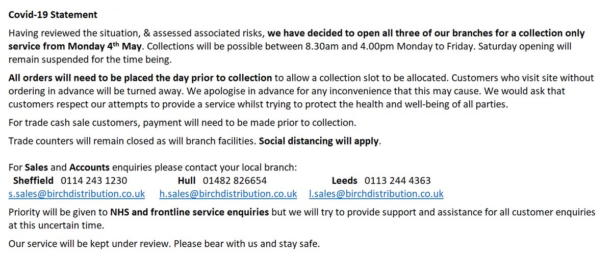 birchflooring's tweet photo. Updated statement regarding #Coronavirus reopening. https://t.co/AyvFROwwb7