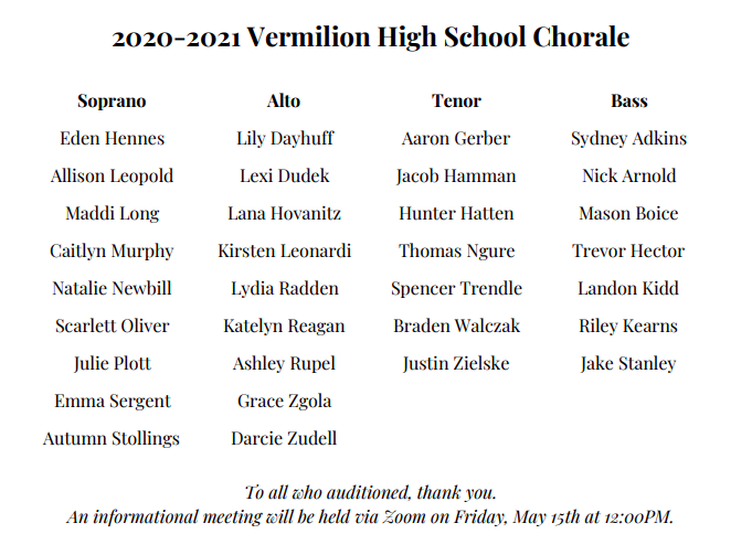 VermilionChoirs's tweet photo. Here it is, the 2020-2021 VHS Chorale Roster! Special thanks goes to all who auditioned. Zoom Meeting to take place at 12:00PM on May 15th! https://t.co/FyTMy5gOHf