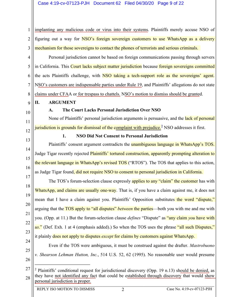 Here’s the quagmire (for both parties) unquestionably “NSO traffic” traversed WhatsApp “network”...it also traversed our “domestic” telco infrastructure(s)That would be a logical jurisdiction argument.But WhatsApp “retroactively” changing their TOS actually gave NSO an opening