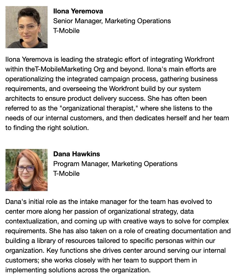 Workfront_Mktg's tweet photo. Join Dana Hawkins &amp; Ilona Yeremova from @TMobile, to hear how they recently transformed their own work process to keep up with the rapid pace of change, and to be more effective in managing multiple #marketing campaigns at once. #workboldly https://t.co/hYCEtifR8O https://t.co/7CqBvp4bkV