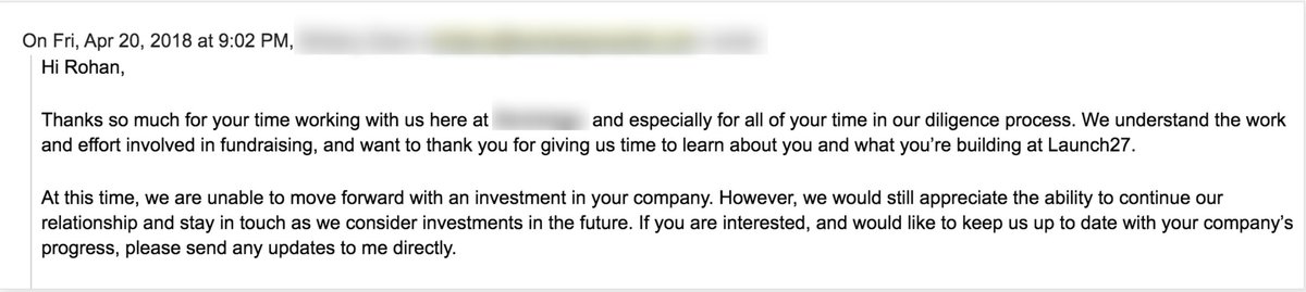 Two years ago (on my actual birthday) I received this rejection letter from a VC failing to raise money for my startup. Here's how I kept bootstrapping and ended up with a multi-million dollar exit. A thread./