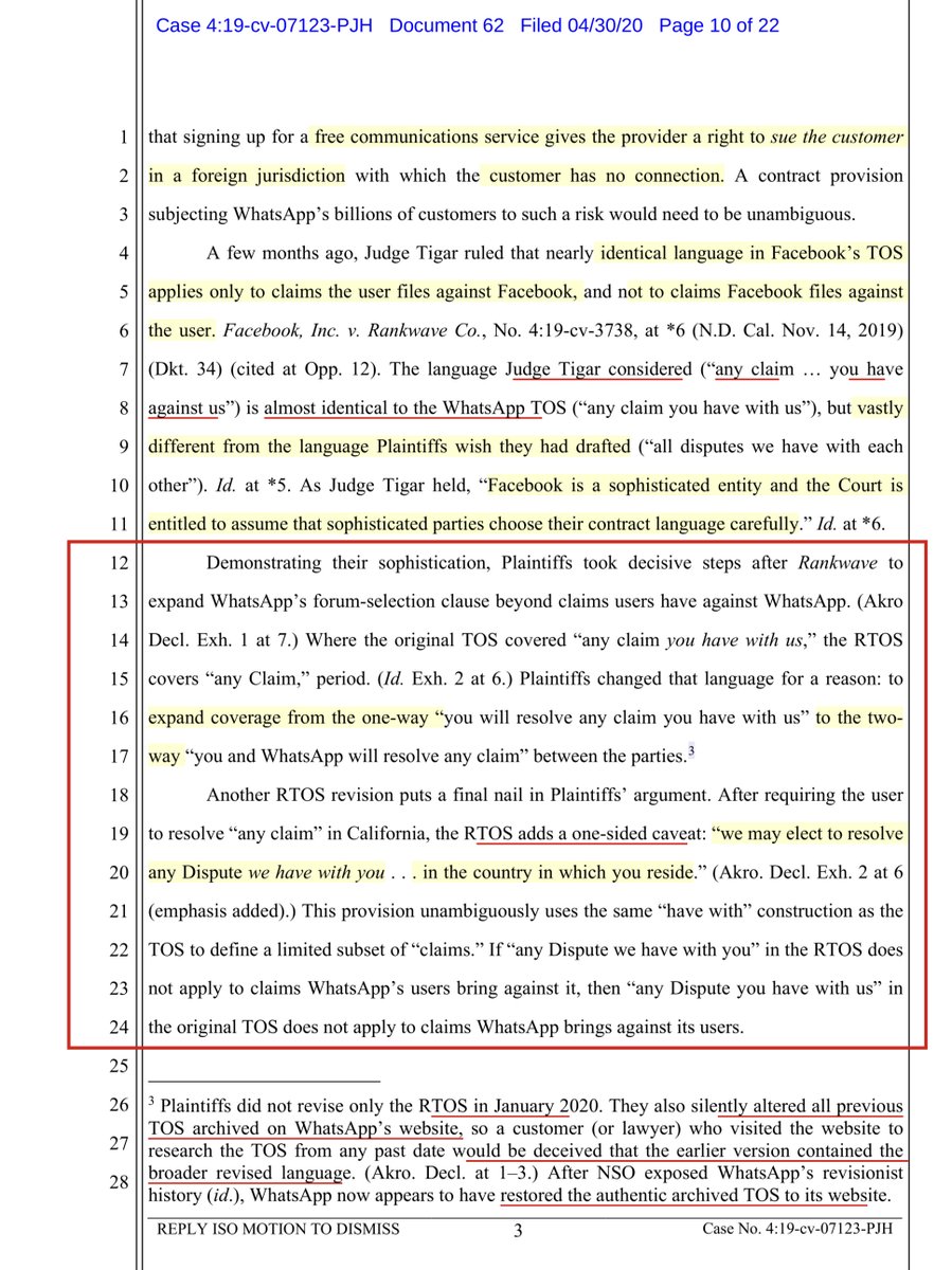 Here’s the quagmire (for both parties) unquestionably “NSO traffic” traversed WhatsApp “network”...it also traversed our “domestic” telco infrastructure(s)That would be a logical jurisdiction argument.But WhatsApp “retroactively” changing their TOS actually gave NSO an opening