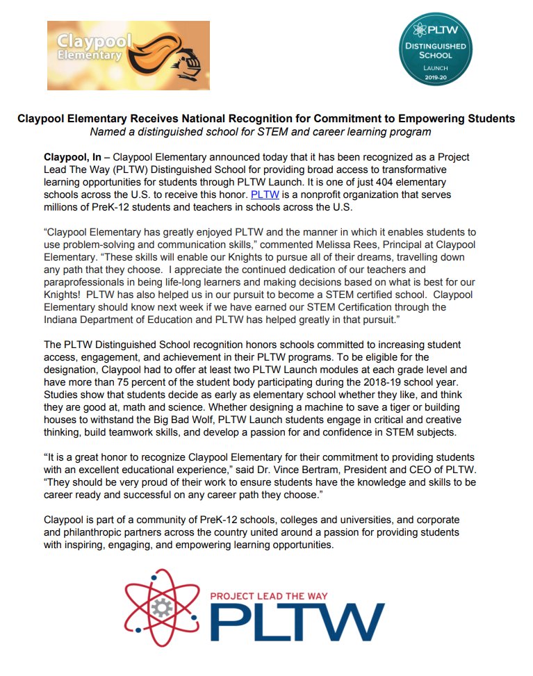 ClaypoolStem's tweet photo. Claypool is a 2019-2020 Project Lead The Way Distinguished School! PLTW provides quality STEM curriculum, having students solve real world problems through teamwork and hands on learning. The students and staff have worked very hard and deserve this recognition! #STEM #PLTW https://t.co/uAkKPaeb0T