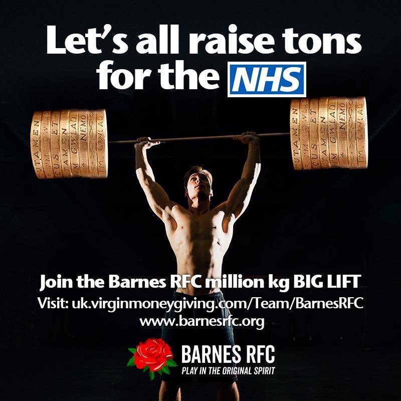 Looking forward to getting involved with the #BarnesRFCBigLift tomorrow in the <a href="/BOERFC/">Bank of England RFC</a> team, helping to raise some much needed funds for #NHS in the memory of a <a href="/Barnes_Rugby/">Barnes Rugby Club</a> stalwart, get involved people uk.virginmoneygiving.com/fundraiser-dis…