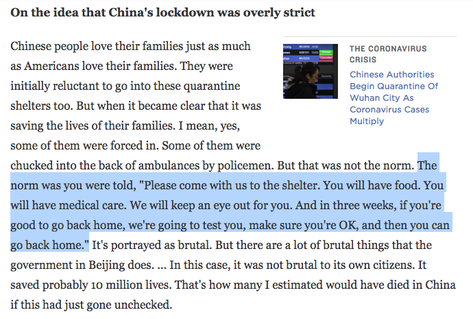 Great NPR interview on how quarantine worked to end coronavirus in Asia Pacific. Simply wouldn't have worked without voluntary consent. ht Donald McNeil  https://www.npr.org/sections/health-shots/2020/04/29/847755751/compared-to-china-u-s-stay-at-home-has-been-a-giant-garden-party-journalist-says https://twitter.com/70sBachchan/status/1242997291952242688