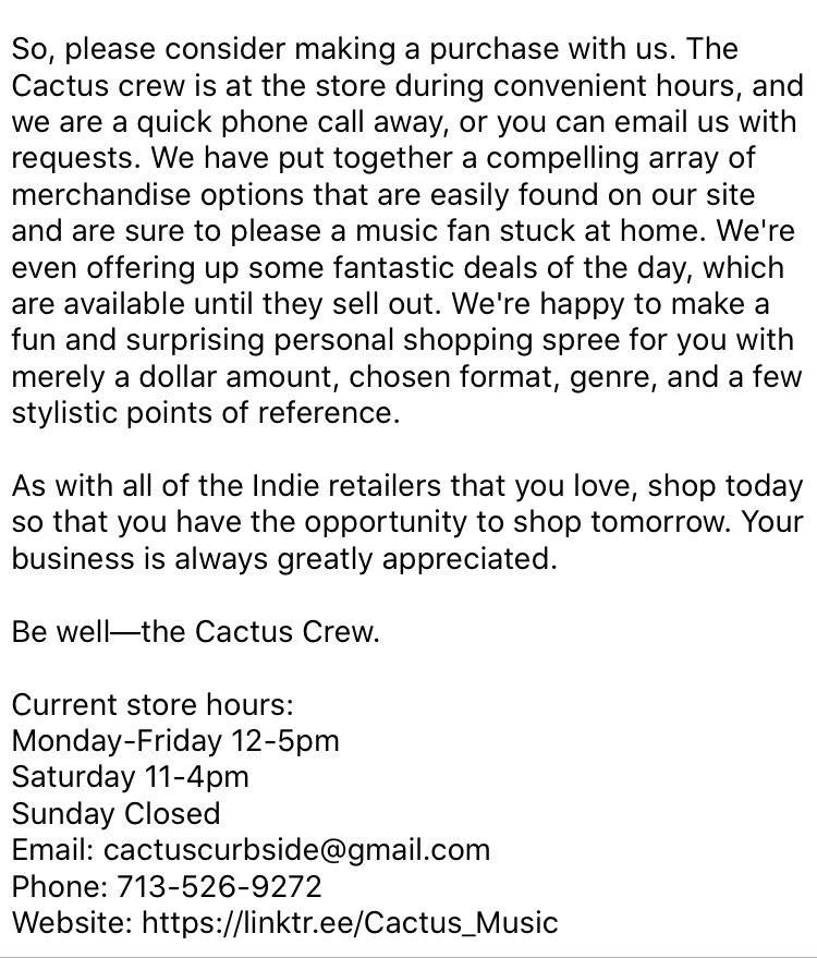 cactus_music's tweet photo. Please, take the time to read our statement 🙏🏻
⠀
After much more consideration than we afford about anything that we do around our store, we have decided to continue with retail-to-go operations and not to open our doors per Texas' updated policies regarding retail stores.
⠀ https://t.co/4GZjIZujCX