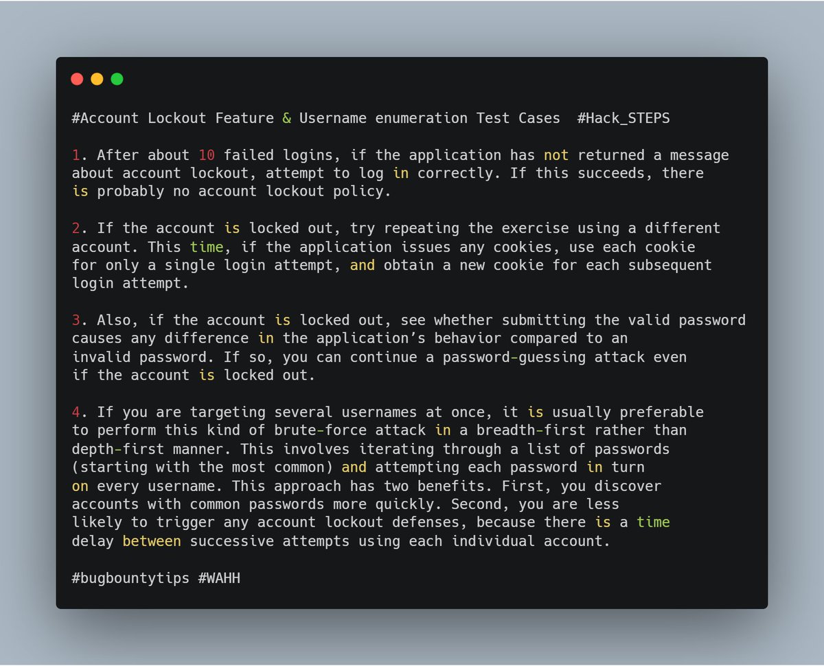 infosecsanyam's tweet photo. #Account_lockout_Feature #test_case #hack_steps

@Burp_Suite @WebSecAcademy @bugbountytips
#BugBountyTip #bugbountytips #WAHH https://t.co/FTa5TrFPd7