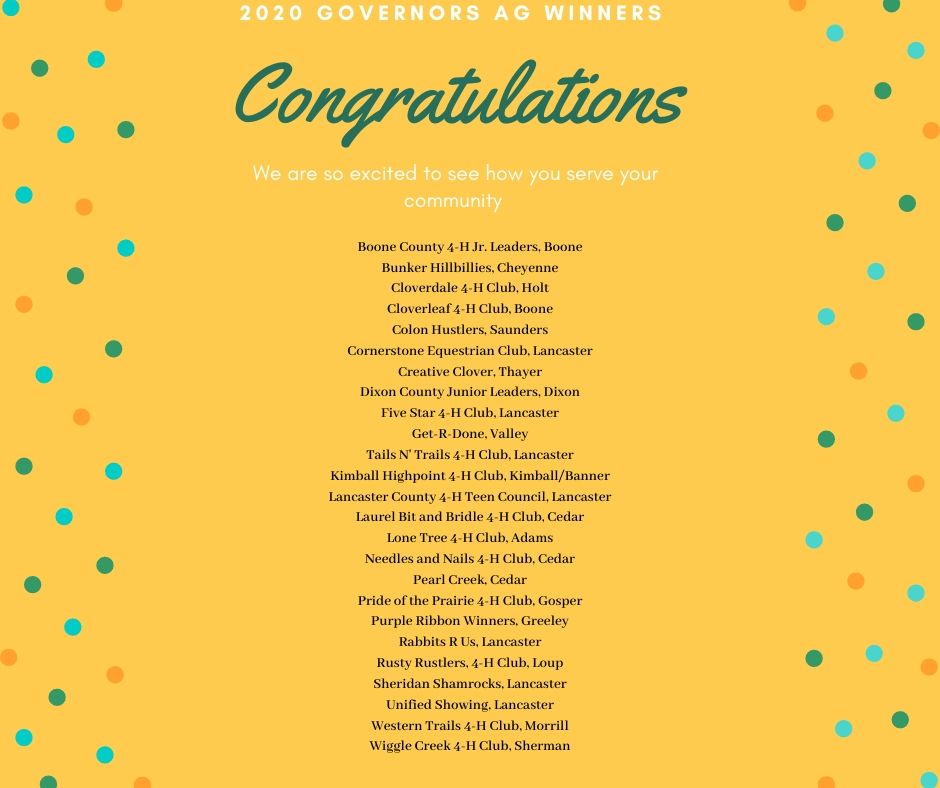 Congratulations to our 2020 Governor's Agricultural Excellence Grant Award winners! We are so proud of the ways you are serving your community! Thank you for inspiring those around you to be strong leaders! 

#GrowingTrueLeaders #NE4H