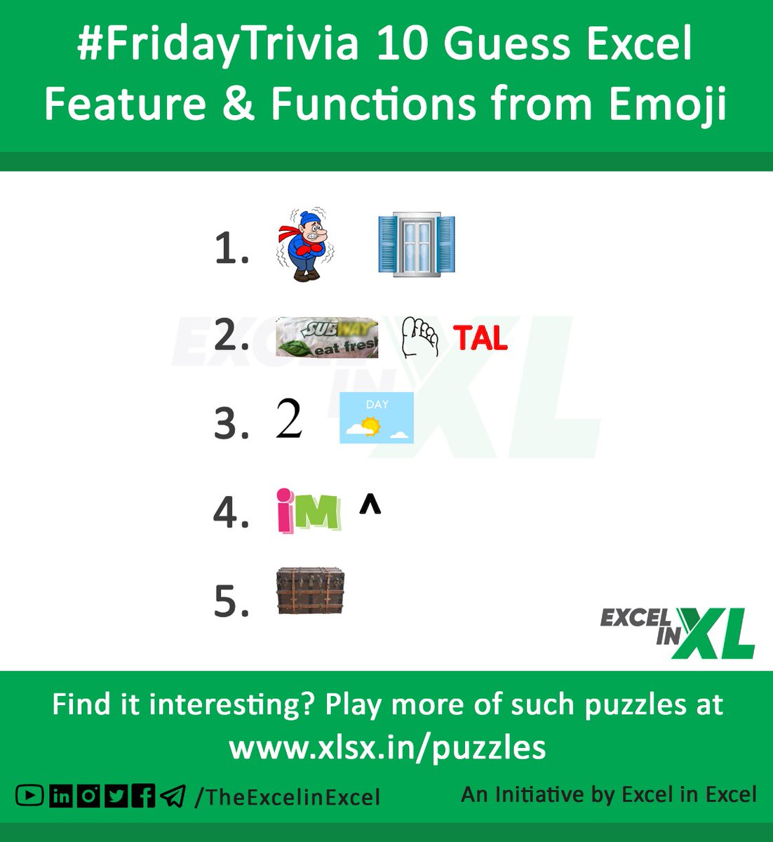 #FridayTrivia 

#ExcelPuzzles : Share your best guess if the Excel Feature / Functions from emoji. 

<a href="/msexcel/">Microsoft Excel</a> <a href="/ExcelSummit/">Global Excel Summit</a> <a href="/excelzoom/">Excel Zoom</a> <a href="/LeilaGharani/">Leila Gharani</a> <a href="/r1c1/">Chandoo.org</a> <a href="/TrumpExcel/">Sumit Bansal 📊📈</a> @excelisfun <a href="/ExcelDemy/">ExcelDemy</a> <a href="/ExcelChamps/">ExcelChamps.com</a> <a href="/ExcelEasy/">Excel Easy</a>