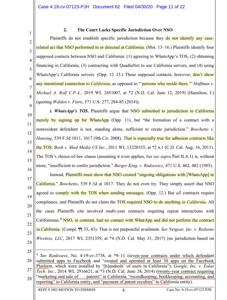 I could be wrong (so it’s okay to be skeptical)WhatsApp changing ToS to “better their argument” it’s a bad look - one way changed two wayNSO - “we don’t have a contract” also bad lookBottom line;Can WhatsApp “show” injury, concrete & particularized?Both are parsing words