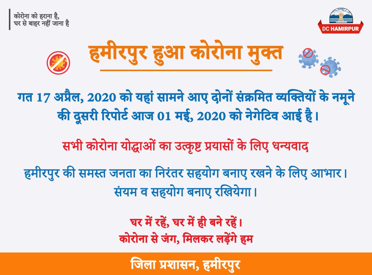 DcHamirpur's tweet photo. District Administration thanks for your cooperation.
#Hamirpurfightscovid19 
#BreakTheChain https://t.co/Ql1oH94CKl