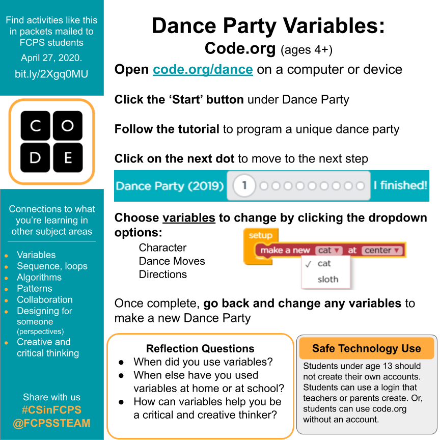What's more fun than a dance off? A dance off with #CSinFCPS. Code a loop of moves without tech. Or, code a virtual microbit to roll a random number. Then do that number reps of any exercise or dance move. More #fcpsPOG in packets bit.ly/2Xgq0MU @prc_fcps  <a href="/FCPS_HealthPE/">FCPS Health and PE</a>