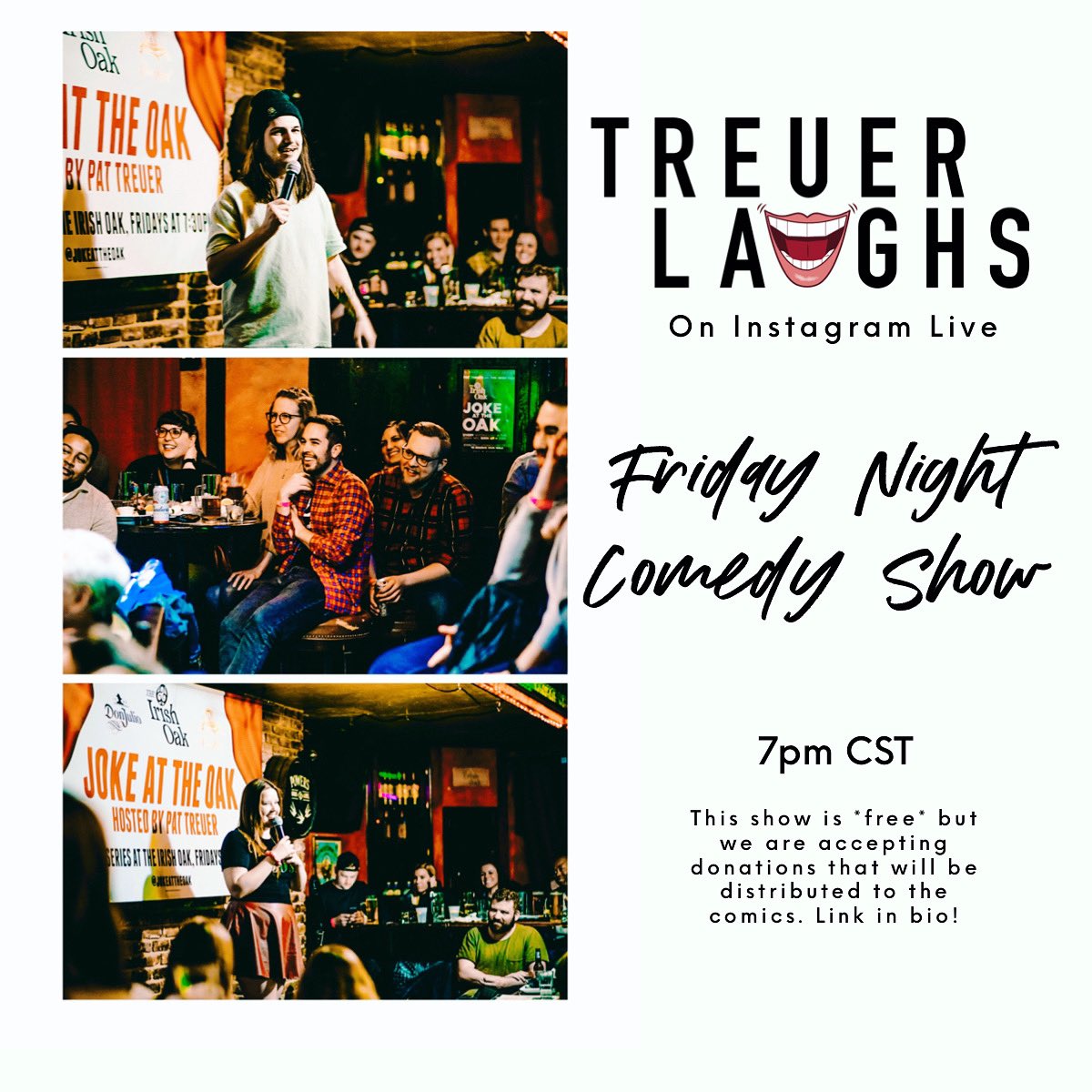TreuerLaughs's tweet photo. Join us TONIGHT at 7pm on Instagram Live for another virtual #comedyshow!
If you love it &amp; you’re able, we kindly ask that you send whatever amount the show was worth to you to our https://t.co/qiUCINCZB2 or to #venmo @ptreuer. All funds will be distributed to the #comics you see https://t.co/geBzd3asjt