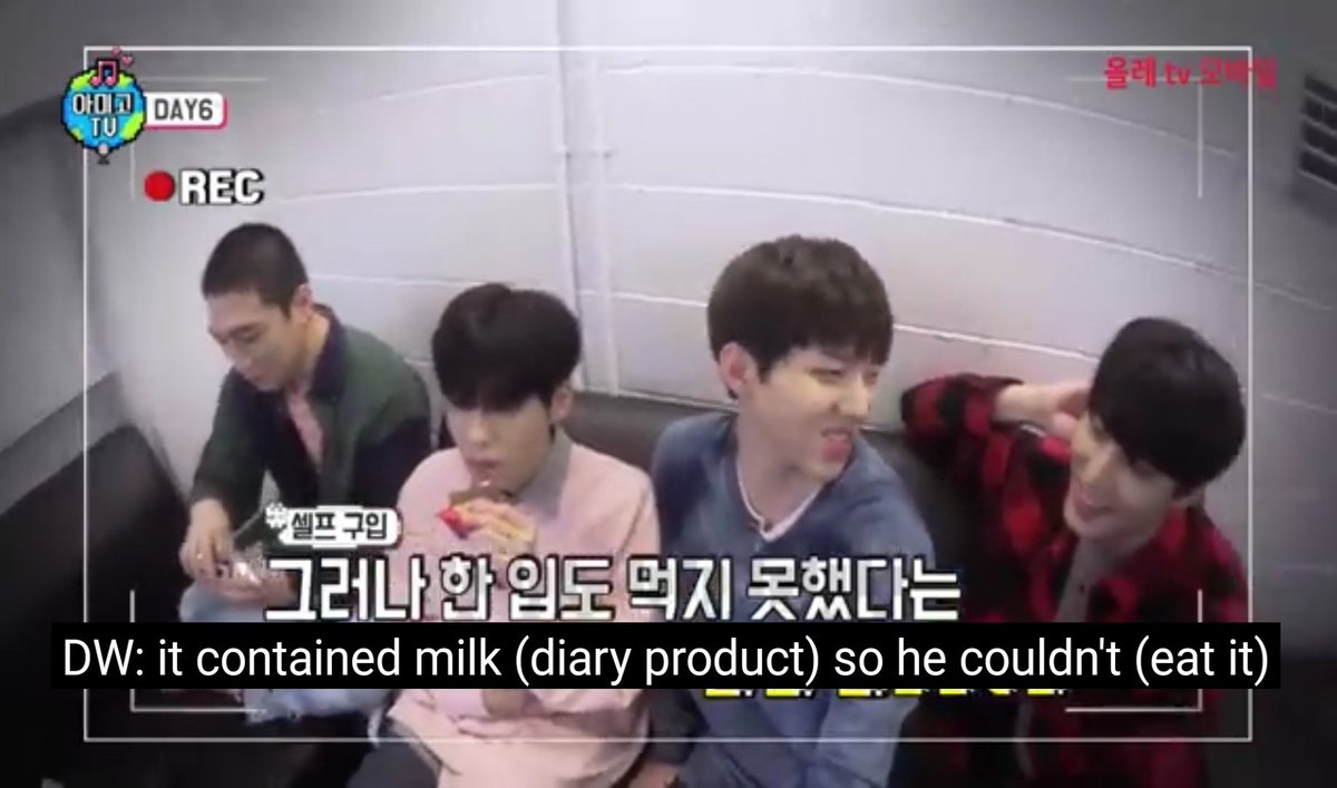 Jae bought snacks but it contains milk (he's lactose intolerant) but wonpil ended up eating it.wonpil always get snacks from jae tho 