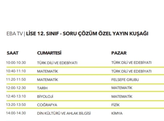 YKS hazırlığı yapan  öğrencilerimiz için TRT EBA TV’de hafta sonları 'Sınav Özel Yayını' hazırlandı. Öğrencilerimiz yüzlerce soru çözümüne ve anlatımına kumandanın tek tuşuna basarak ulaşabilirler.

#BirazDahaSabır
#EvdeKal

@elazizlimustafa
@elazigmem
@feyzigurturk 
@meb_ogm