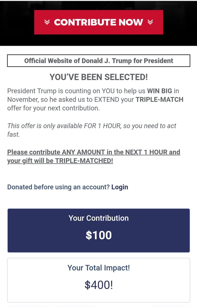 Swatipedia's tweet photo. Interesting to compare notes on political $ tactics: 

Trump campaign is sending SMS fundraising notes 1-3x/day, around 9-10am, 1-2pm, 4-6pm. They often offer 2-4x "match" or "opinion surveys" to drive conversion. 

I'm curious, what's the compliance scoop on matching donations? https://t.co/LHuzBHJriK