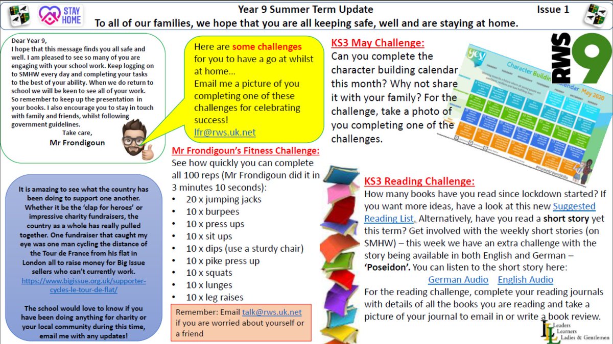 rw_school's tweet photo. Mr Buntain, Mr Davey and Mr Frondigoun have emailed a Summer Term Update to their year groups this afternoon. Read their messages, key reminders and see what challenges you can take on! #3Ls #RWScommunity https://t.co/5Ewj1S7oT8