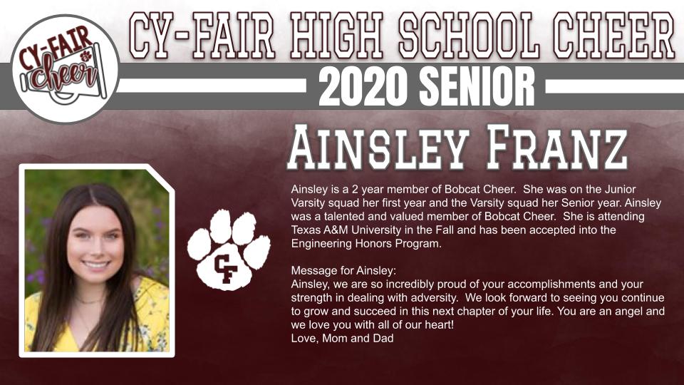 BFNDAthletics's tweet photo. Next up are the Senior Cheerleaders as we honor the Class of 2020 Cy-Fair Bobcats. Team members include Ainsley Franz, Sidney McKeand and Jolea Jacob! #BFND #CFHS2020 https://t.co/9cmZXKVB6n