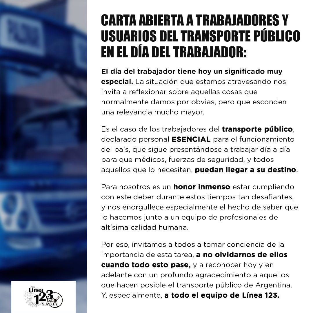 CARTA ABIERTA a trabajadores y usuarios del transporte público en el #DíaDelTrabajador 📝

#transportepublico #linea123 #colectivos #bondi #argentina #cartaabierta #1deMayo #FelizDiaDelTrabajador #Diainternacionaldeltrabajo