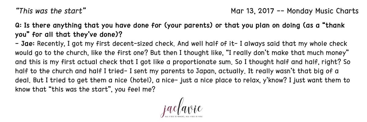 Jae as a son/youngest child to his parents:-gave his parents a cake, a bouquet & an iPad on Parents' Day;"this was the start" -when jae got first check, he used half of it to treat his parents to japan with nice hotel.(half for church; p.s churchboy jae later twts)
