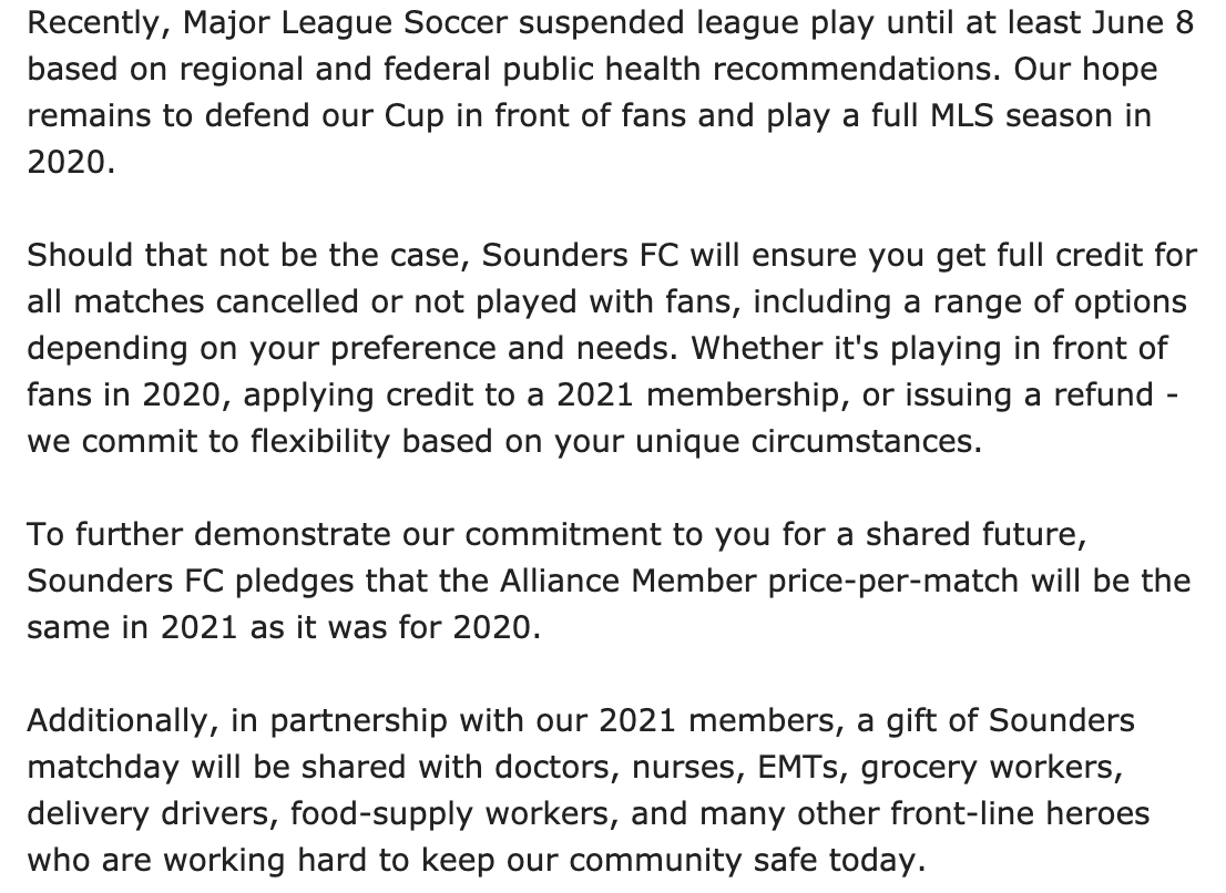 sounderatheart's tweet image. Sounders just sent this to season-ticket holders. Looks like fans will either get credits or refunds for any canceled games or games played without fans.